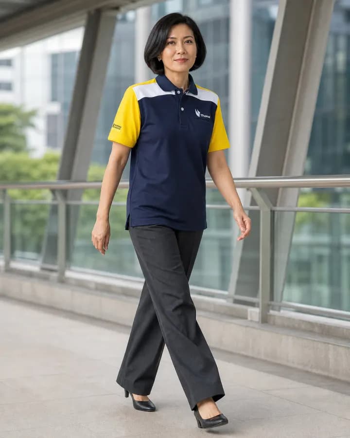 เสื้อโปโลสีกรมท่า ตัดต่อบ่าสีเหลือง