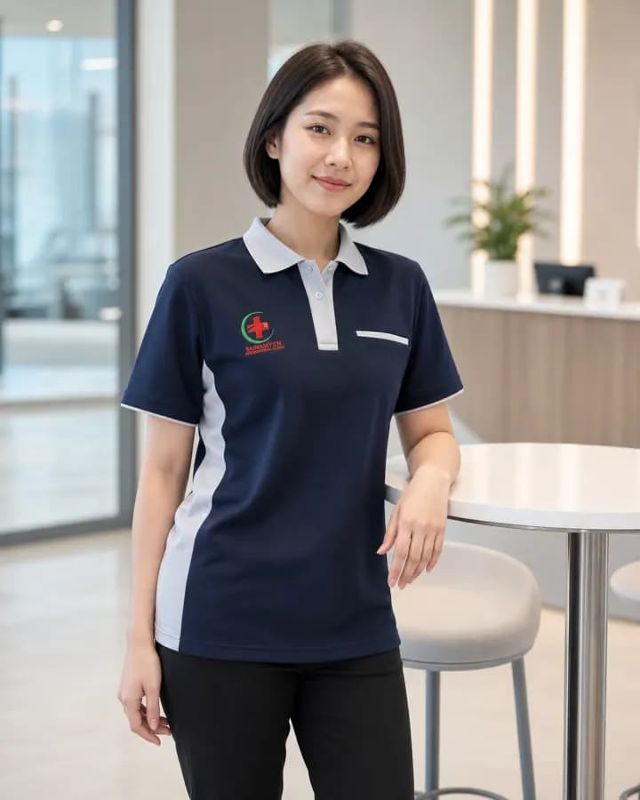 เสื้อโปโลสีกรมท่า ขลิบขาว มีกระเป๋าหน้าอก