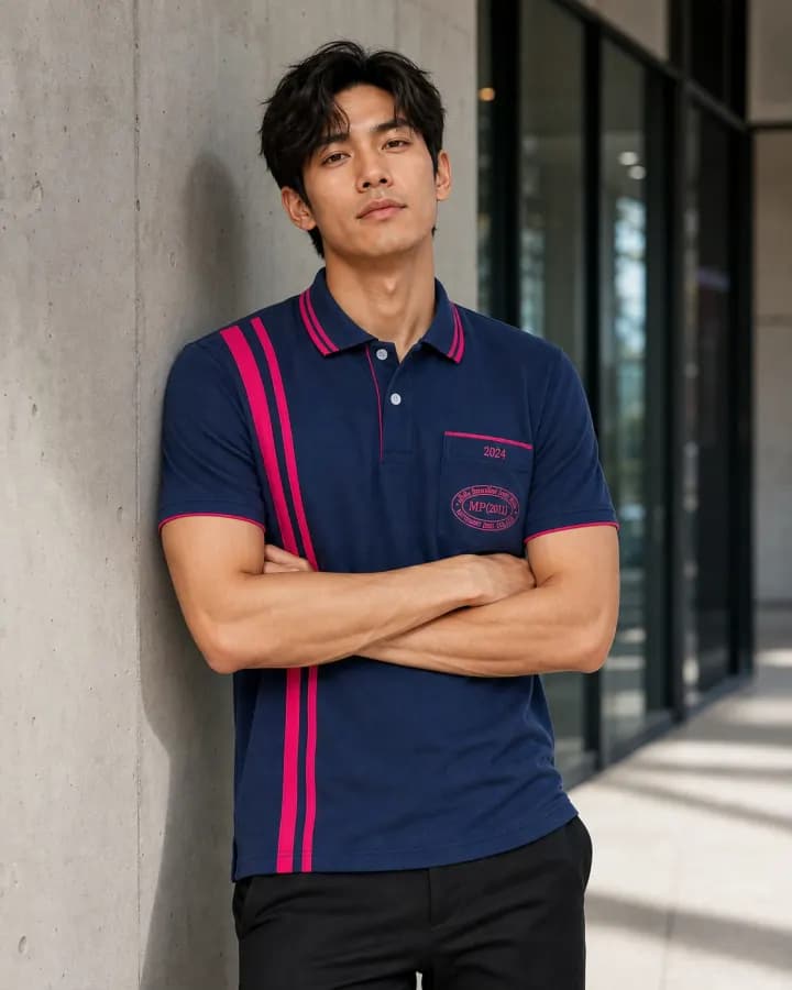 เสื้อโปโลสีกรมท่า แถบคู่แนวตั้งสีชมพู