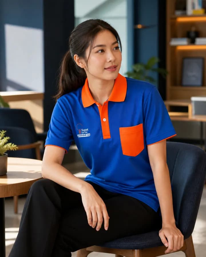 เสื้อโปโลสีน้ำเงิน ตัดสีส้ม มีกระเป๋าหน้าอก