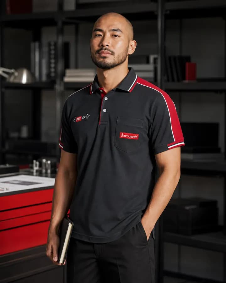 เสื้อโปโลสีดำ ปกและแขนขลิบแดง