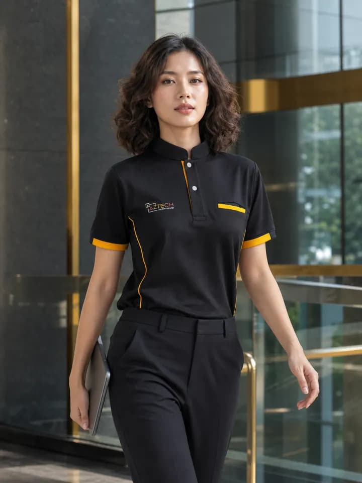 เสื้อโปโลสีดำ ขลิบเหลืองที่สาบและข้างลำตัว