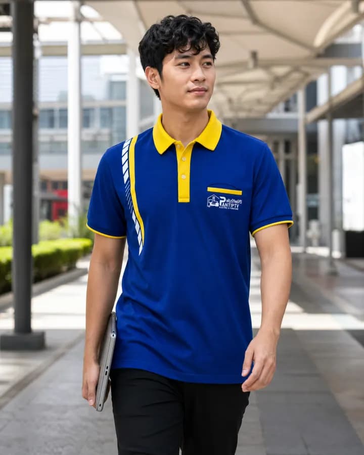 เสื้อโปโลสีน้ำเงิน แถบทแยงสีเหลือง