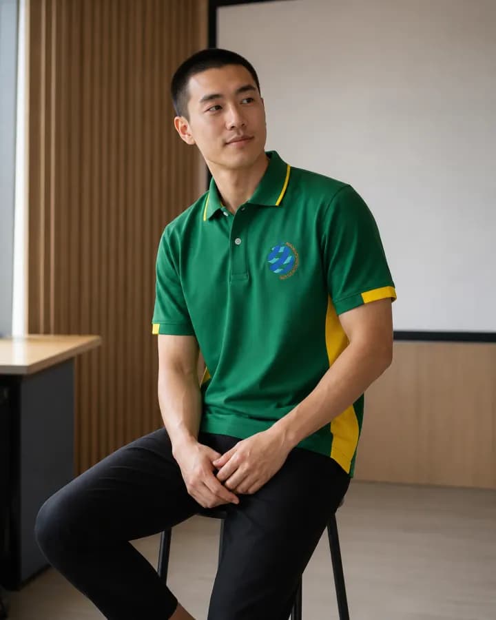 เสื้อโปโลสีเขียว ตัดแผงข้างสีเหลือง