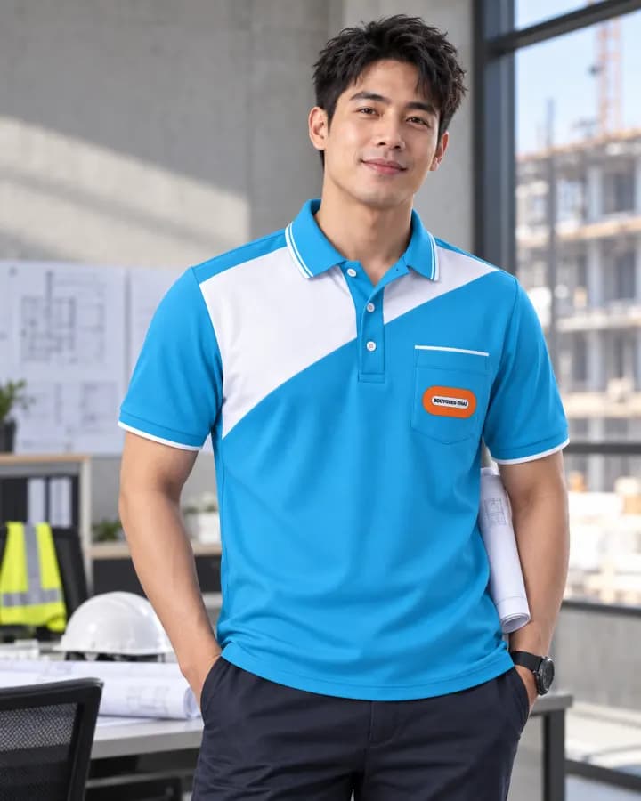 เสื้อโปโลสีฟ้า ตัดแถบทแยงสีขาว มีกระเป๋าหน้าอก