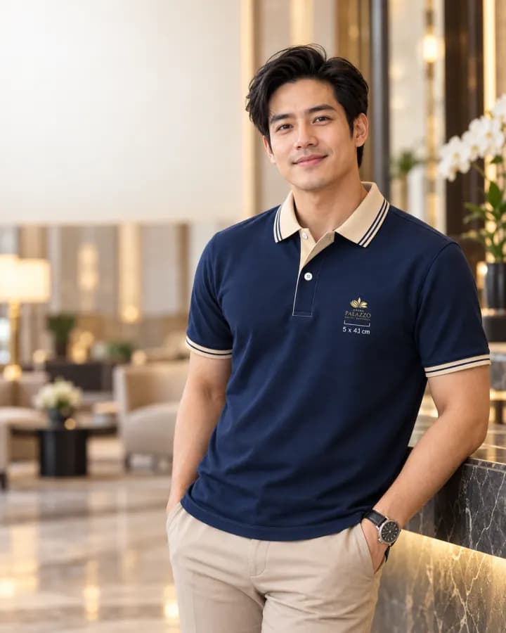 เสื้อโปโลสีกรมท่า ปกและปลายแขนสีครีม
