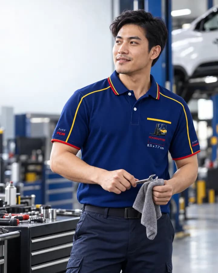 เสื้อโปโลสีน้ำเงิน ขลิบแดงและเหลืองพาดไหล่