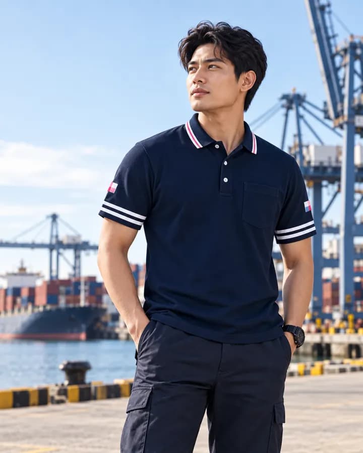 เสื้อโปโลสีกรมท่า แถบขาวแดงที่ปกและปลายแขน