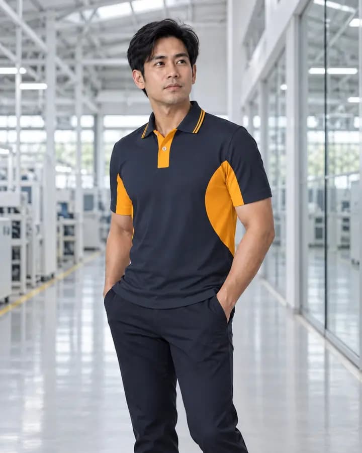เสื้อโปโลสีเทาเข้ม ตัดใต้วงแขน สีส้ม พร้อมปกขลิบเส้นเล็ก สาบโชว์ 2 สี