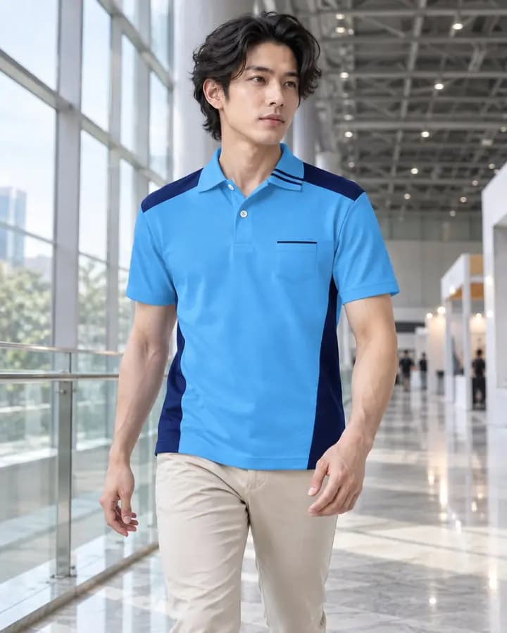 เสื้อโปโลสีฟ้าสด ตัดข้างลำตัวและบ่า สีกรมท่า พร้อมปกขลิบปลายเฉียง กระเป๋าต่อแลบ