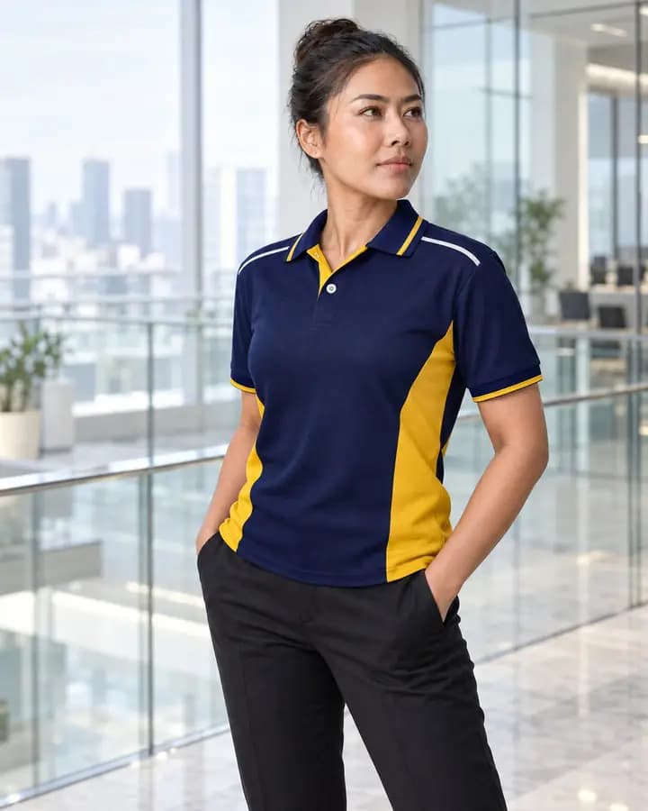 เสื้อโปโลสีกรมท่า ตัดข้างลำตัวและขลิบบ่า สีเหลืองทองและขาว พร้อมแขนจั๊มเต็มและขลิบ 2 สี ปกขลิบปลาย 2 เส้น สาบแลบ