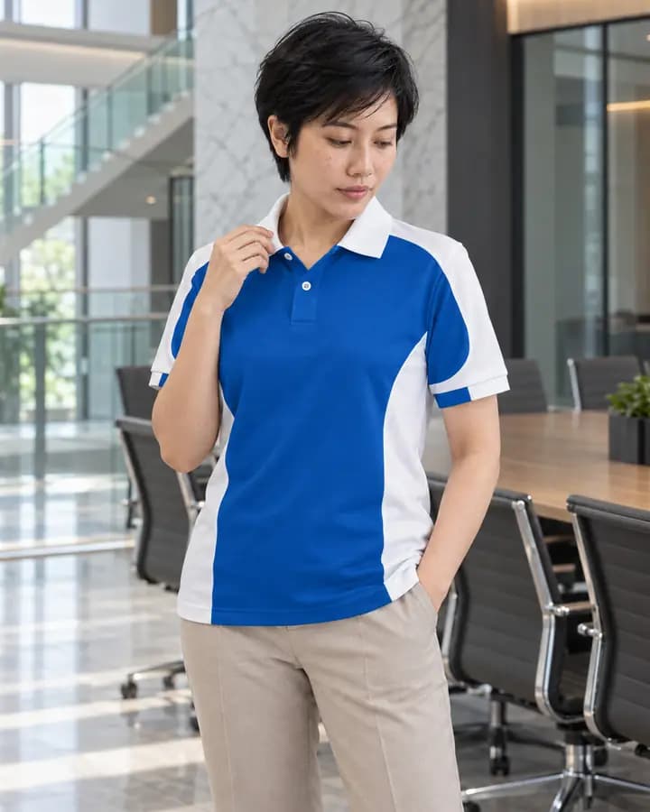 เสื้อโปโลสีน้ำเงิน ตัดบ่า วงแขน และข้างลำตัว สีขาว พร้อมแขนจั๊มครึ่งและขลิบหนา ปกเรียบ