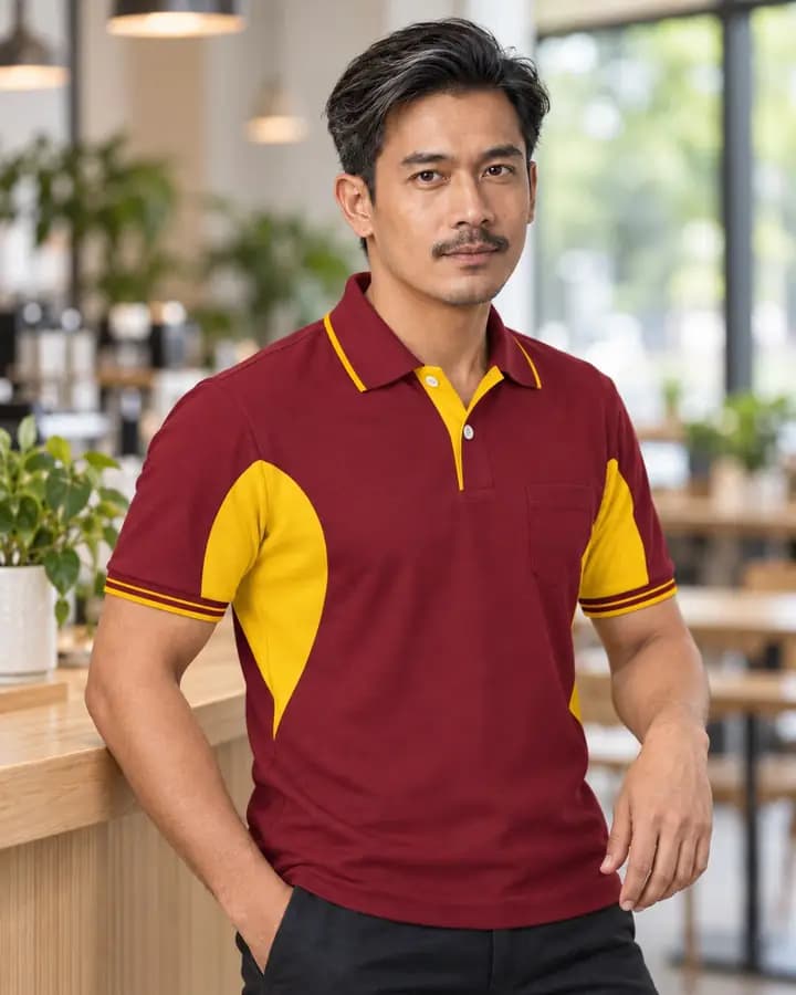 เสื้อโปโลสีแดงเลือดหมู ตัดใต้วงแขนหยดน้ำ สีเหลืองทอง พร้อมแขนจั๊มเต็มและขลิบสลับ ปกขลิบขอบเส้นเดี่ยว สาบแลบโชว์ กระเป๋าปกติ