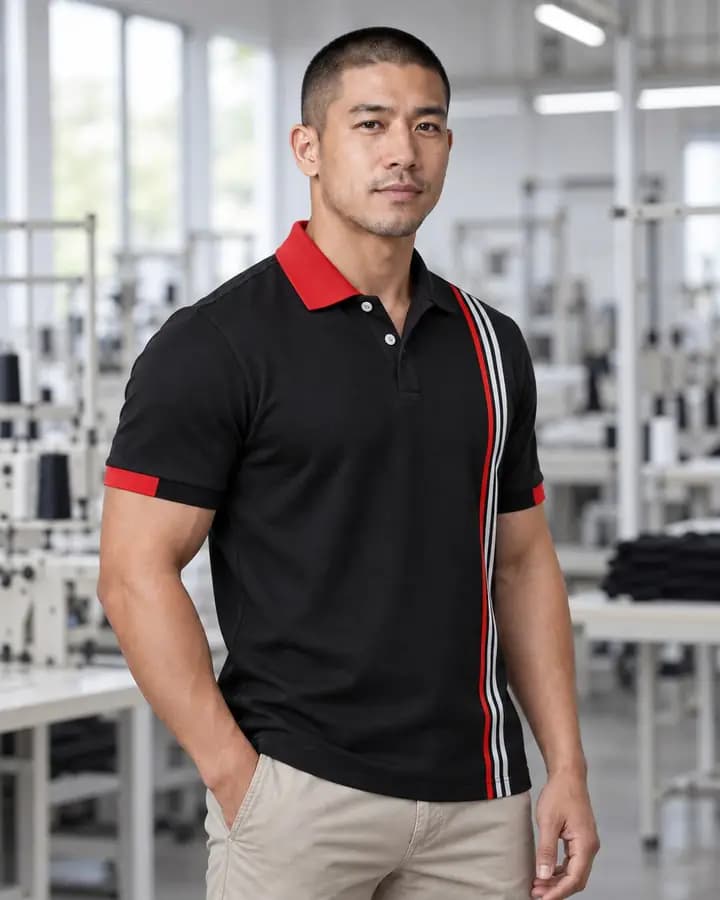 เสื้อโปโลสีดำ แถบเส้นข้างสาบ สีแดงสดและขาว พร้อมแขนจั๊มครึ่งและขลิบ 2 เส้น ปกสองสีครึ่งบน