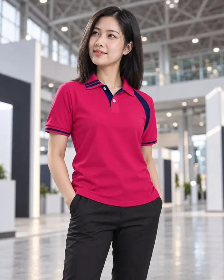 เสื้อโปโลสีบานเย็น ตัดบ่าข้างเดียว สีกรมท่า พร้อมแขนจั๊มเต็มและขลิบ 2 เส้น ปกขลิบปลาย 2 เส้นบาง สาบแลบ