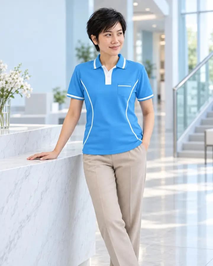 เสื้อโปโลสีฟ้าสด เส้นขลิบข้างลำตัว สีขาว พร้อมแขนจั๊มเต็มและขลิบ 4 เส้น ปกขลิบปลาย 3 เส้น สาบโชว์ กระเป๋ากุ๊นแลบ
