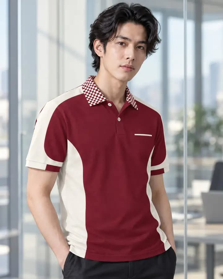 Maroon polo shirt with cream shoulder and armhole panels, half sleeve with 3 trim lines, checked collar, inset-piped pocket