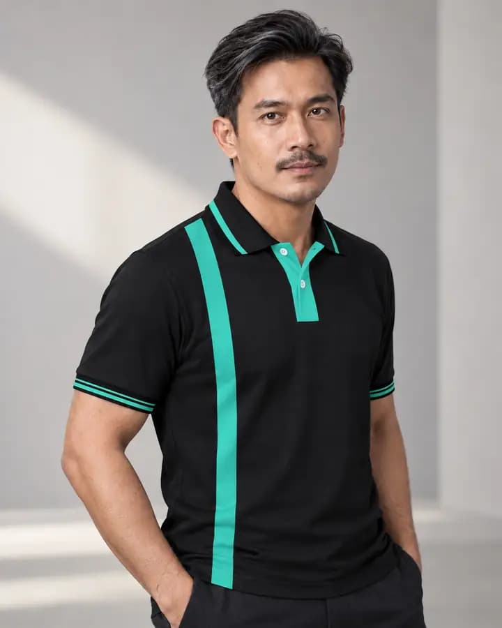 เสื้อโปโลสีดำ แถบตั้งข้างสาบ สีเขียวมิ้นท์ พร้อมแขนจั๊มเต็มและขลิบ 3 เส้น ปกขลิบปลาย 2 เส้น สาบตัดต่อ 2 สี กระเป๋าปกติ
