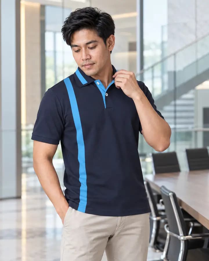 Dark gray polo shirt with sky blue vertical stripes beside the placket, single-line tipped collar, piped show placket