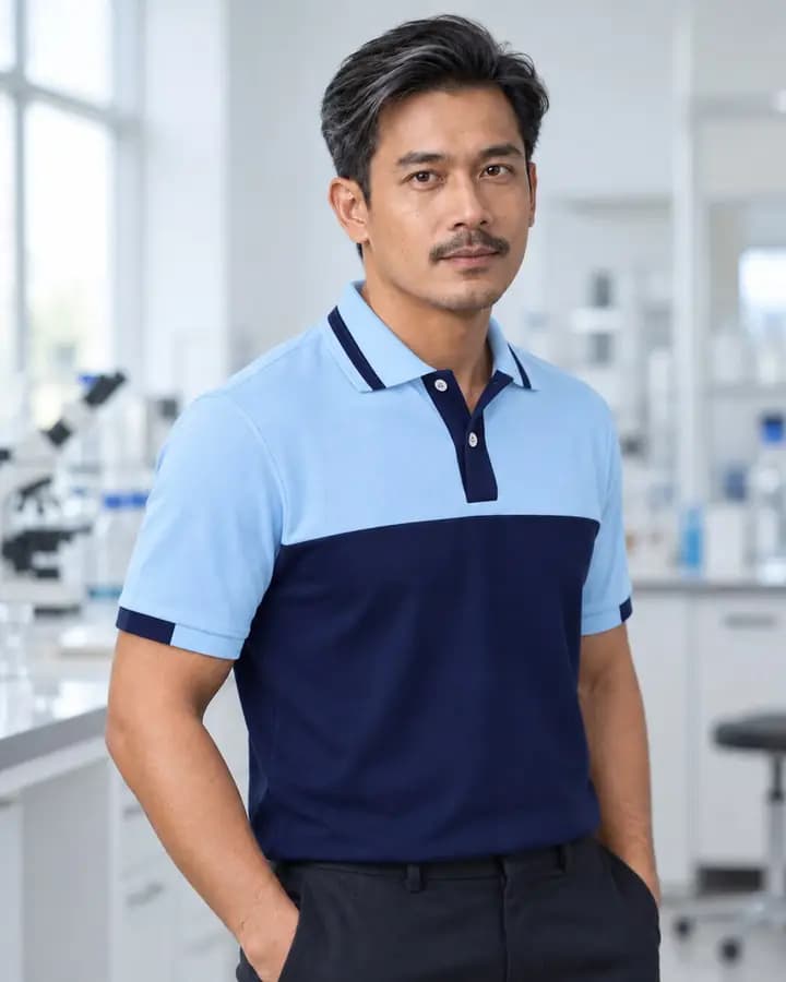 เสื้อโปโลสีฟ้าพาสเทล คาดอก สีกรมท่า พร้อมแขนจั๊มครึ่งและขลิบ 4 เส้น ปกขลิบปลาย 3 เส้น สาบโชว์ 2 สี