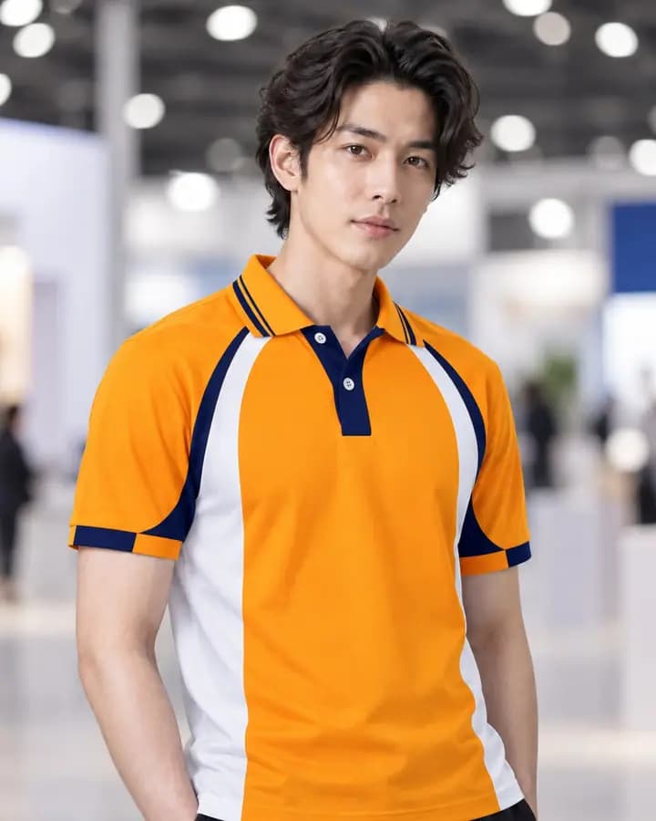 เสื้อโปโลสีส้ม แถบตั้งกลางตัวและวงแขน สีกรมท่าและขาว พร้อมแขนจั๊มครึ่ง 2 สี ปกขลิบขอบ 2 เส้น สาบโชว์