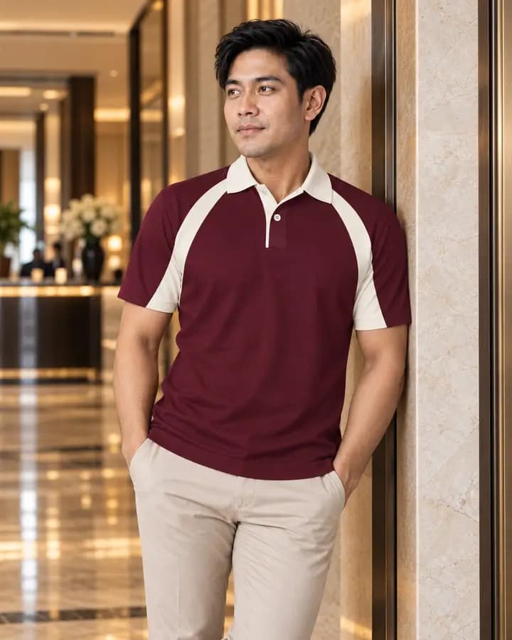 Brown red polo shirt with cream slim shoulder panels, plain collar, piped show placket, hidden pocket