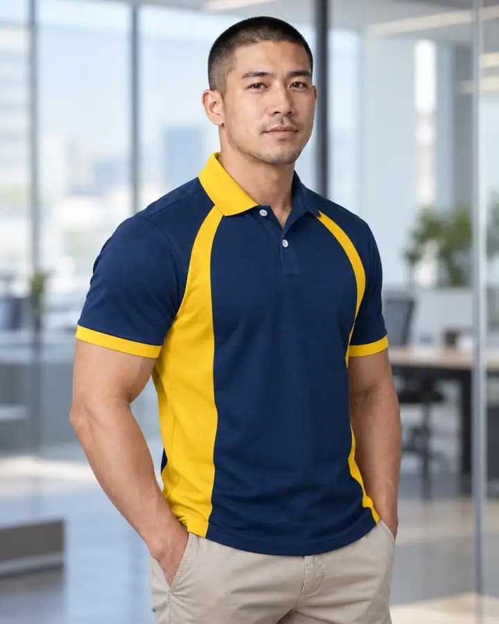เสื้อโปโลสีกรมท่าเข้ม แถบตั้งคู่กลางอก สีเหลืองทอง พร้อมแขนจั๊ม ปกสองสีครึ่งบน