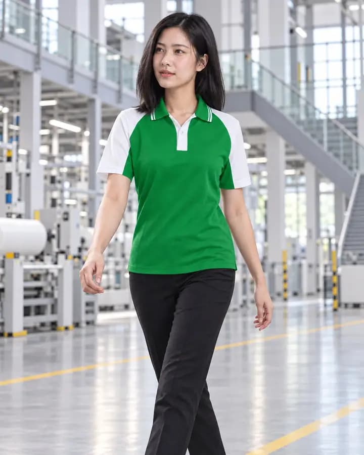 Green polo shirt with white shoulder and full-sleeve panels, fine-line trimmed collar, two-colour panel placket