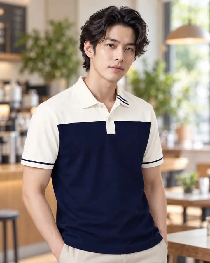 เสื้อโปโลสีครีม คาดอกตรง สีกรมท่า พร้อมแขนกุ๊นแลบ ปกขลิบปลายเฉียง