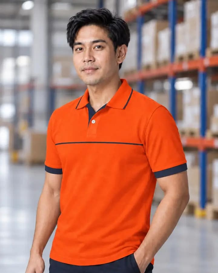 เสื้อโปโลสีส้มแดง เส้นคาดอก สีเทาเข้ม พร้อมแขนจั๊ม ปกขลิบขอบเส้นเดี่ยว สาบแลบ