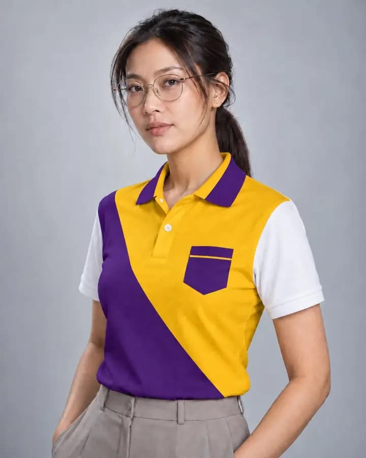 เสื้อโปโลสีม่วงเข้ม เฉียงครึ่งตัวและแขน สีเหลืองทองและขาว พร้อมปลายปกตัดต่อสี สาบตัดต่อ 2 สี กระเป๋ากุ๊นแลบ
