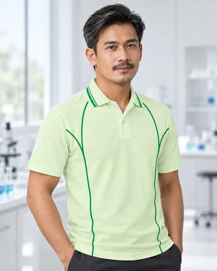 เสื้อโปโลสีเขียวอ่อน เส้นโค้งยาวข้างลำตัว สีเขียวเข้ม พร้อมปกขลิบขอบ 2 เส้น