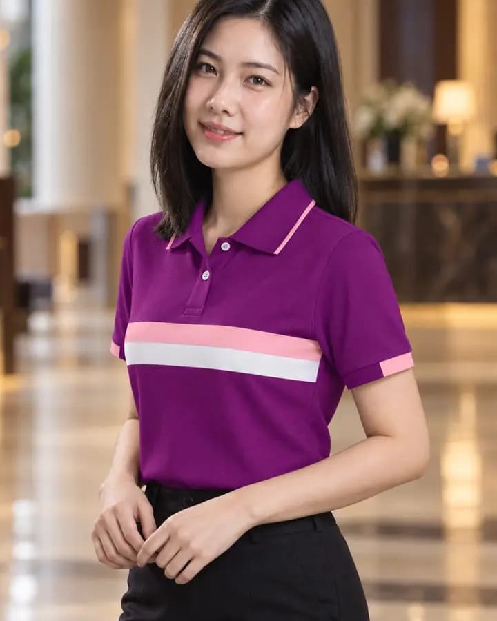 เสื้อโปโลสีม่วงเปอร์เซีย แถบคาดอก สีชมพูและขาว พร้อมแขนจั๊มครึ่งและขลิบ 2 เส้น ปกขลิบขอบเส้นเดี่ยว
