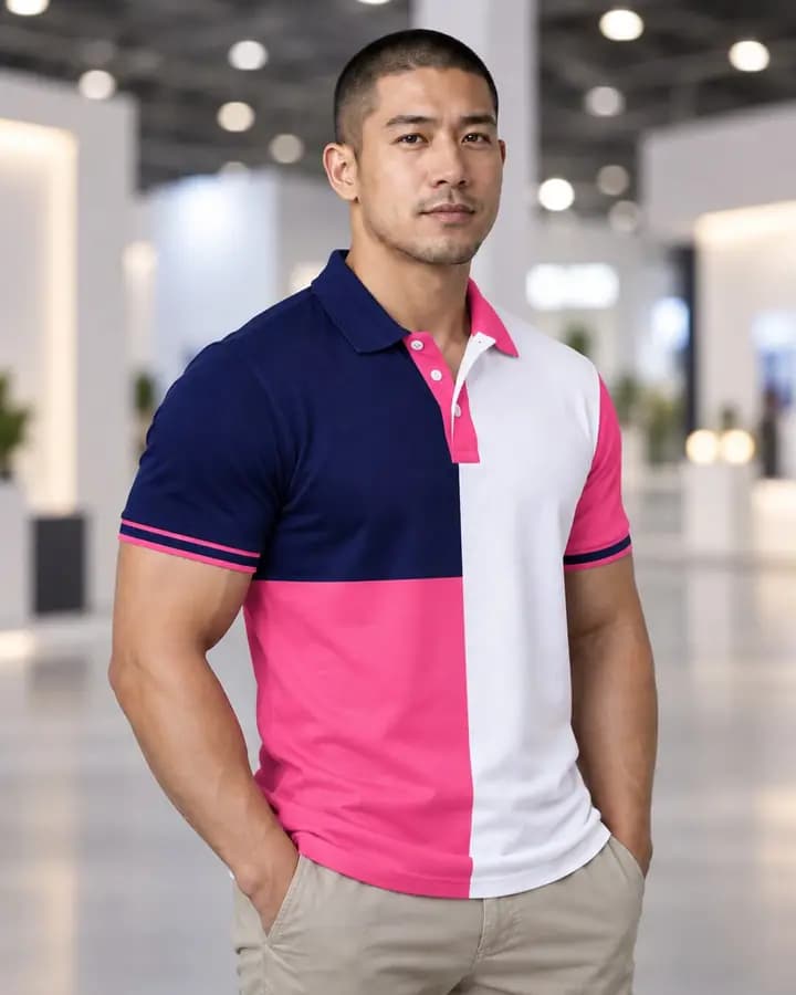 เสื้อโปโลสีชมพูสด บล็อกครึ่งบนซ้าย-ขวา สีกรมท่าและขาว พร้อมแขนจั๊มเต็มและขลิบ 4 เส้น ปกสองสีครึ่งบน สาบโชว์