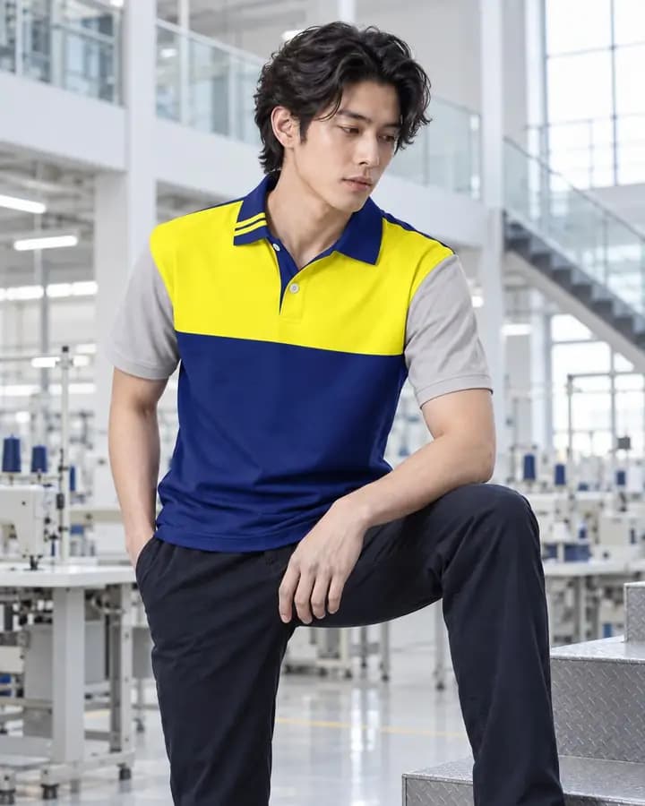เสื้อโปโลสีน้ำเงินเข้ม คาดอกและแขน สีเหลืองสดและเทา พร้อมปกขลิบปลาย 2 เส้นบาง