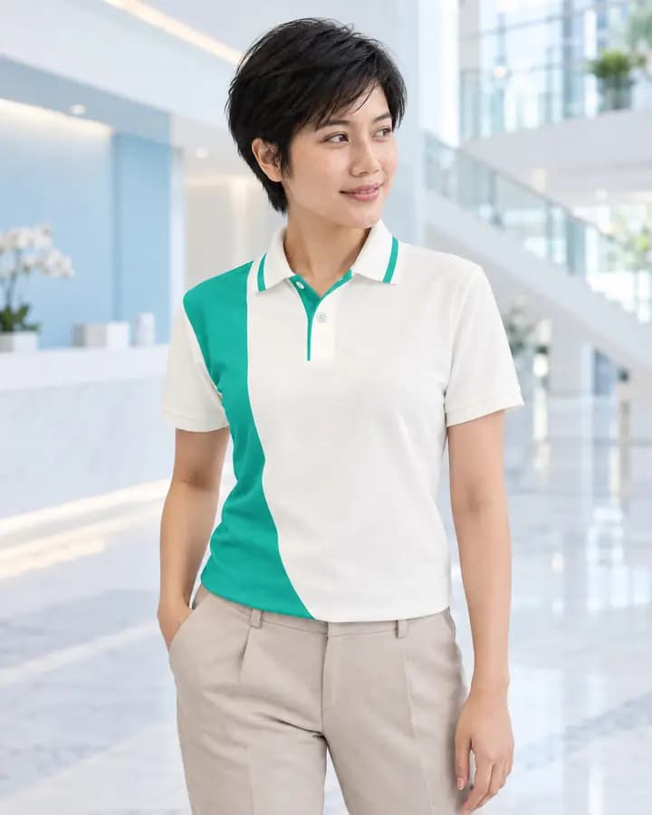 เสื้อโปโลสีครีม เฉียงข้างลำตัว สีเขียวมิ้นท์ พร้อมปกขลิบปลาย 3 เส้น สาบแลบโชว์