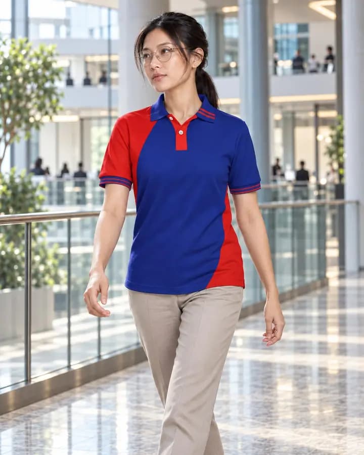 เสื้อโปโลสีน้ำเงินเข้ม เฉียงข้างลำตัว สีแดงสด พร้อมแขนจั๊มเต็มและขลิบสลับ ปกขลิบปลายเฉียง สาบโชว์ 2 สี