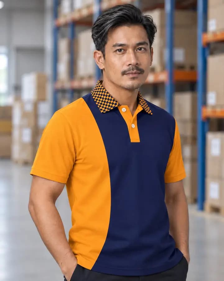 เสื้อโปโลสีกรมท่า ตัดแขนเต็มและข้างลำตัว สีส้ม พร้อมปกลายตาราง สาบโชว์