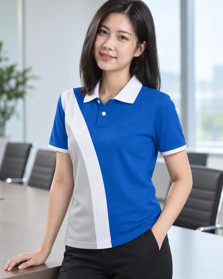 เสื้อโปโลสีน้ำเงิน โค้งข้างลำตัว 2 ชั้น สีขาวและเทา พร้อมแขนต่อแลบ ปกเรียบ