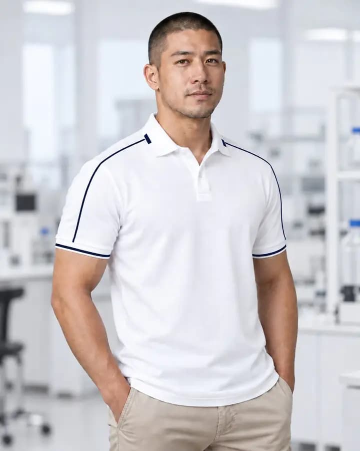 White polo shirt with navy shoulder piping lines, full sleeve with 2 trim lines, single-line tipped collar