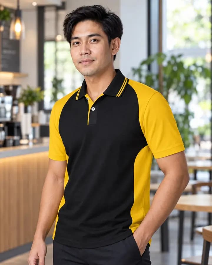เสื้อโปโลสีดำ ตัดแขนเต็มและข้างลำตัว สีเหลืองทอง พร้อมปกขลิบเส้นเล็ก สาบแลบโชว์ กระเป๋าปกติ