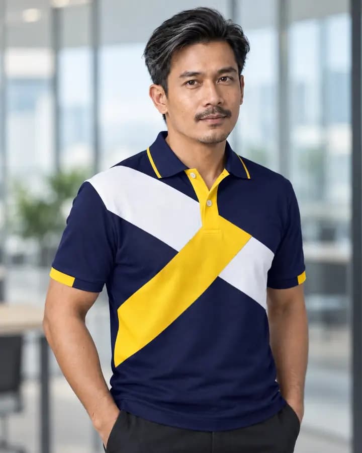 เสื้อโปโลสีกรมท่า กากบาทเฉียง สีเหลืองทองและขาว พร้อมแขนจั๊มครึ่งและขลิบ 3 เส้น ปกขลิบขอบเส้นเดี่ยว สาบโชว์