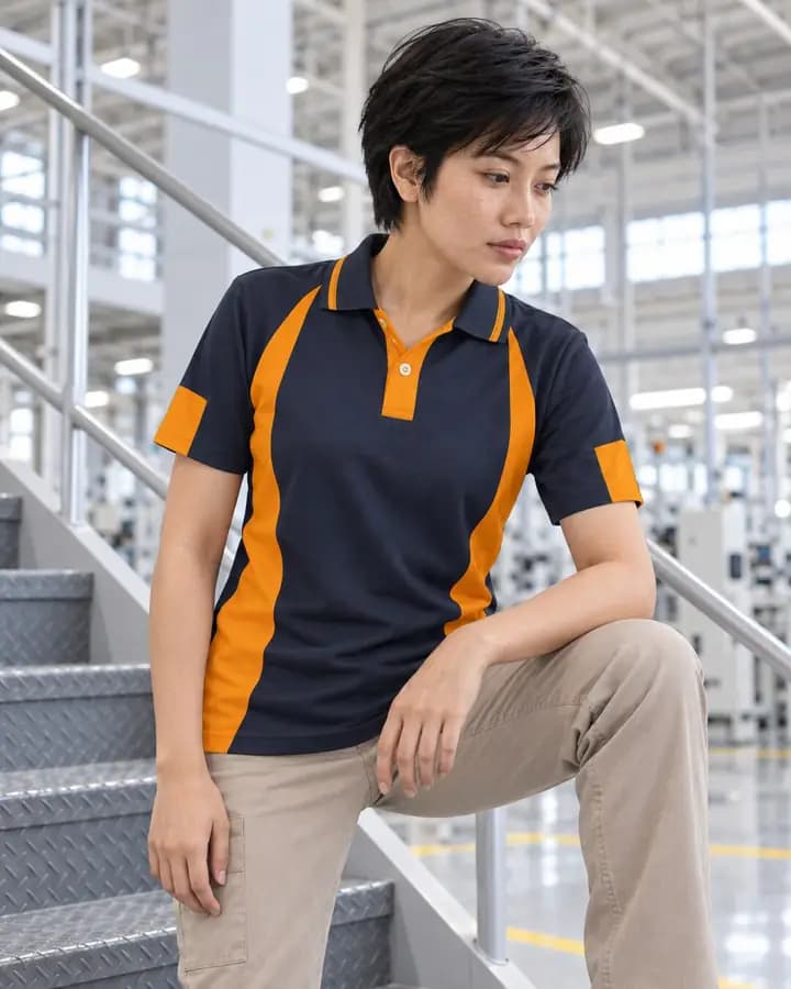เสื้อโปโลสีเทาเข้ม โค้งข้างลำตัวและต้นแขน สีส้ม พร้อมปกขลิบปลาย 2 เส้น สาบโชว์ 2 สี