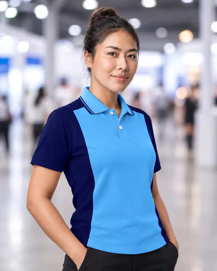 เสื้อโปโลสีฟ้าสด ตัดแขนเต็มและข้างลำตัว สีกรมท่า พร้อมปกขลิบเส้นเล็ก