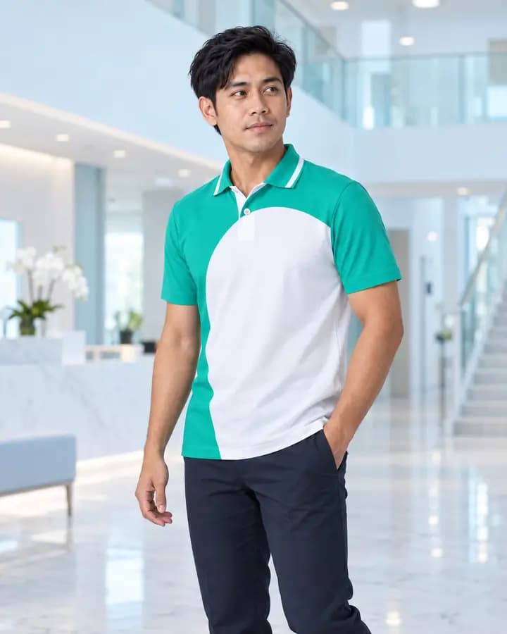 เสื้อโปโลสีเขียวมิ้นท์ บล็อกโค้งครึ่งตัว สีขาว พร้อมปกขลิบปลาย 3 เส้น สาบโชว์