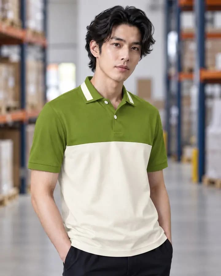 เสื้อโปโลสีเขียวขี้ม้า คาดอก สีครีม พร้อมแขนจั๊มเต็ม ขลิบปลายแขน ปกขลิบปลายเส้นเดี่ยว