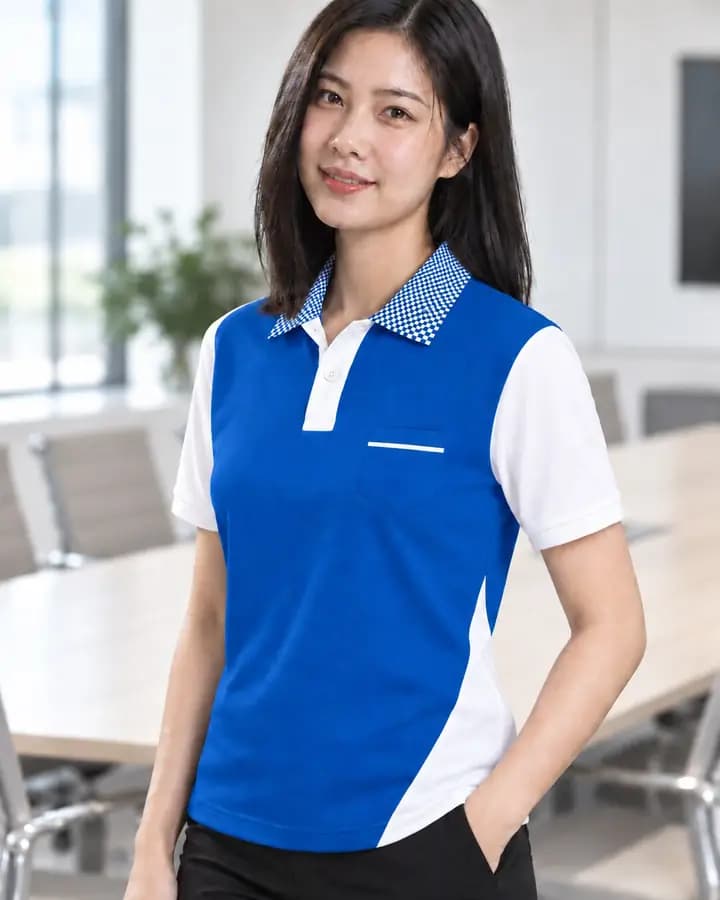 เสื้อโปโลสีน้ำเงิน ตัดใต้วงแขนและต้นแขน สีขาว พร้อมปกลายตาราง สาบโชว์ 2 สี กระเป๋ากุ๊นแลบ