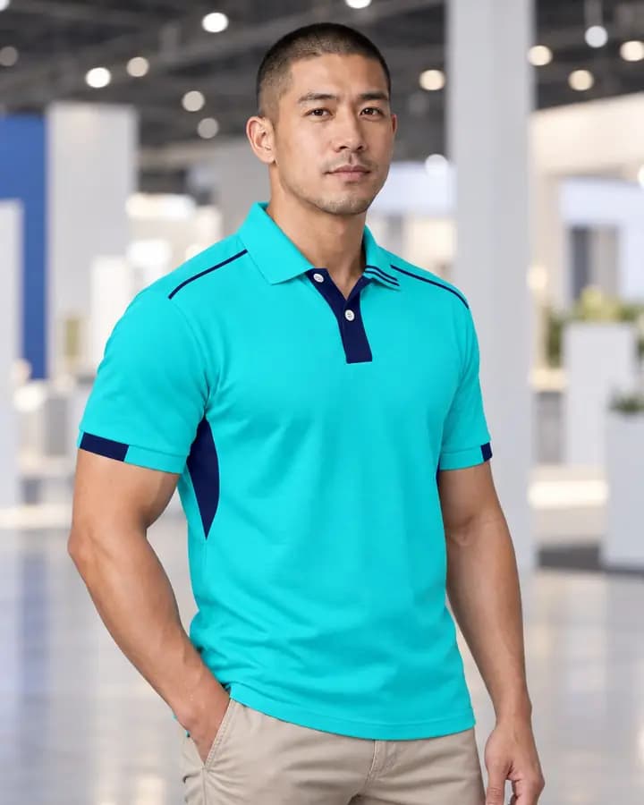 เสื้อโปโลสีเทอร์ควอยซ์ เส้นขลิบบ่า สีกรมท่า พร้อมแขนจั๊มครึ่งและขลิบ 3 เส้น ปกขลิบปลายเฉียง สาบโชว์