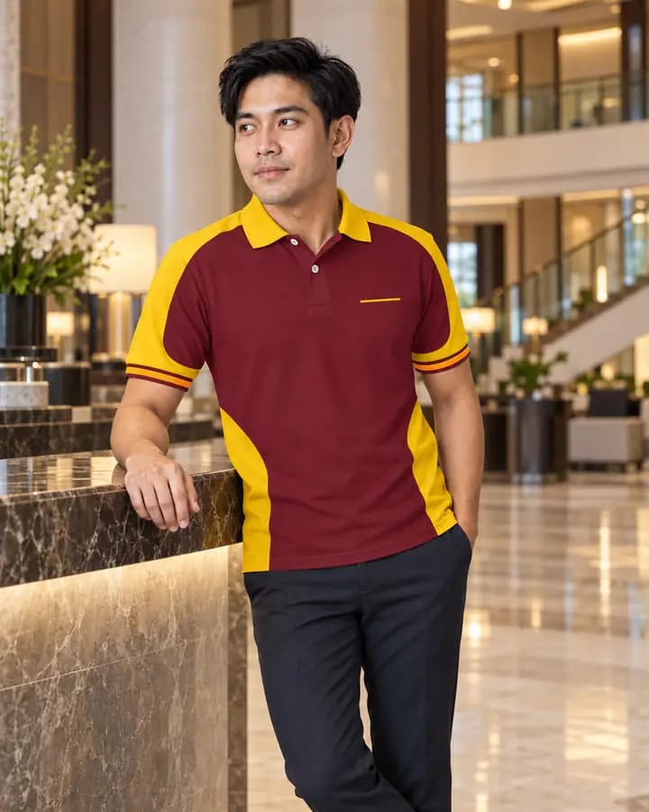 เสื้อโปโลสีแดงเลือดหมู ตัดบ่าและชายข้างลำตัว สีเหลืองทอง พร้อมแขนจั๊มเต็มและขลิบ 4 เส้น ปกเรียบ กระเป๋าต่อแลบ