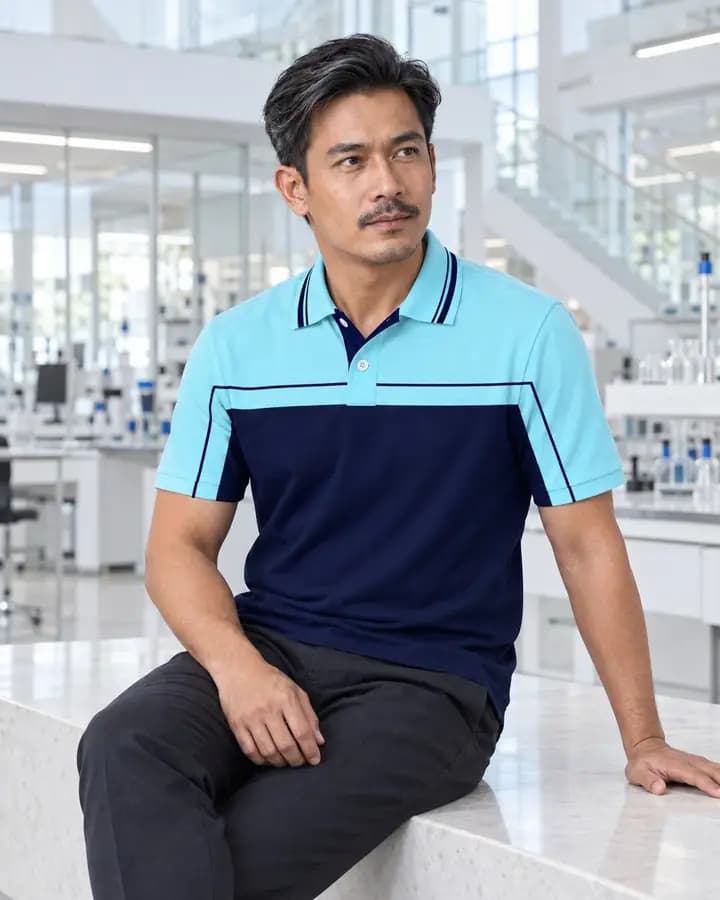 เสื้อโปโลสีฟ้าอ่อน คาดอกและบ่า สีกรมท่า พร้อมปกขลิบขอบ 2 เส้น สาบแลบ